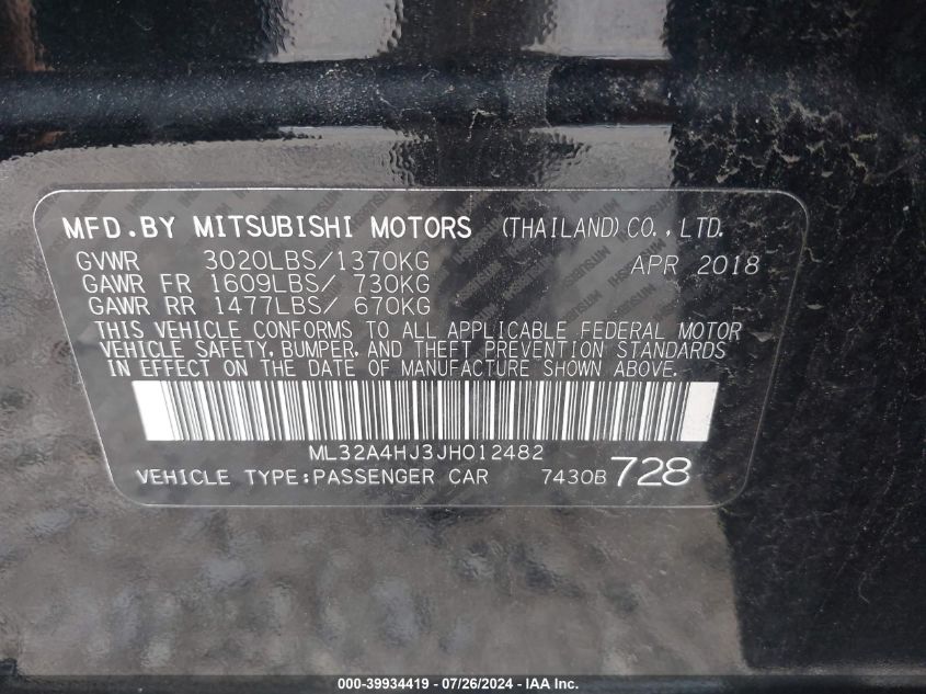 ML32A4HJ3JH012482 2018 Mitsubishi Mirage Se