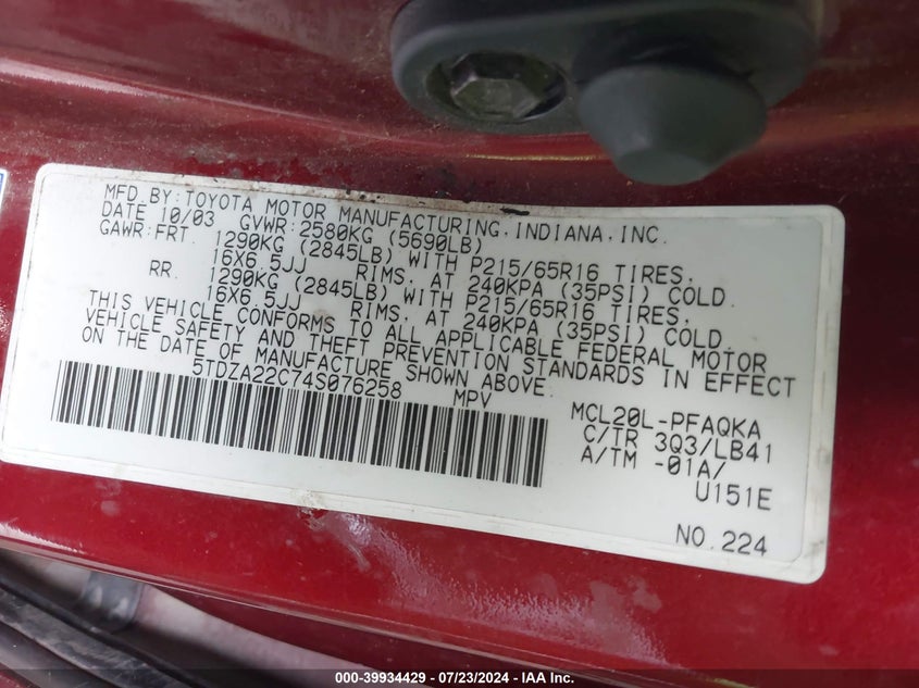 2004 Toyota Sienna Xle VIN: 5TDZA22C74S076258 Lot: 39934429