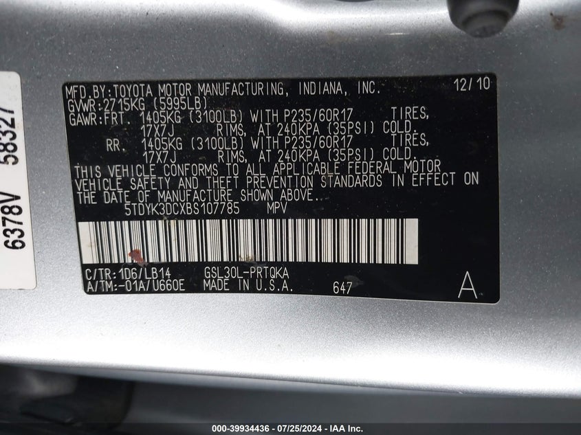 2011 Toyota Sienna Xle V6 VIN: 5TDYK3DCXBS107785 Lot: 39934436