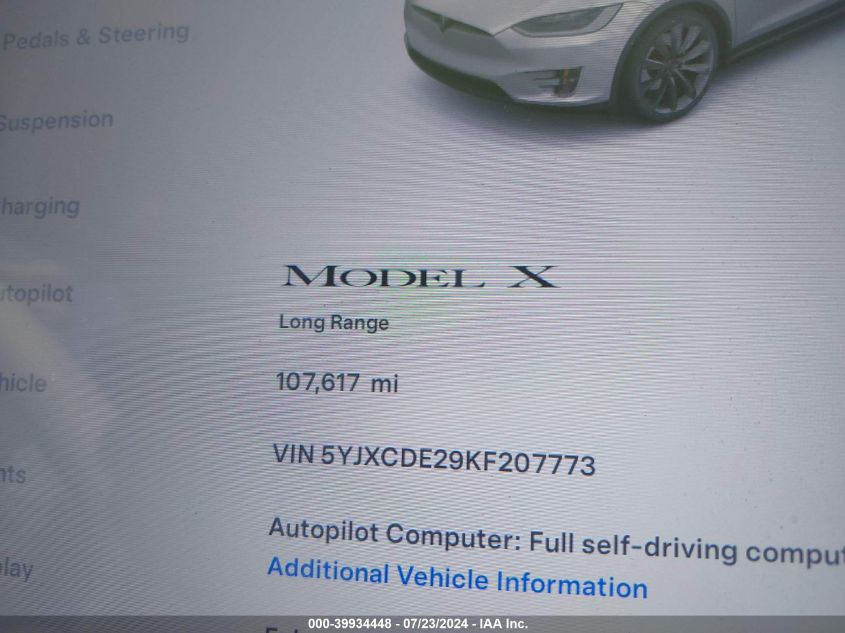 2019 Tesla Model X 100D/75D/Base W/Extended Range (Disc)/Long Range/Standard Range VIN: 5YJXCDE29KF207773 Lot: 39934448