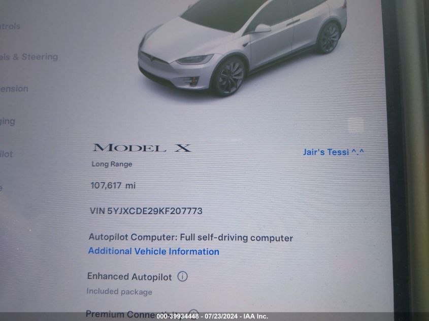 2019 Tesla Model X 100D/75D/Base W/Extended Range (Disc)/Long Range/Standard Range VIN: 5YJXCDE29KF207773 Lot: 39934448