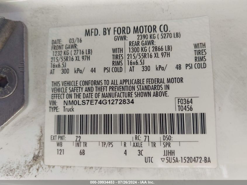 2016 Ford Transit Connect Xl VIN: NM0LS7E74G1272834 Lot: 39934453