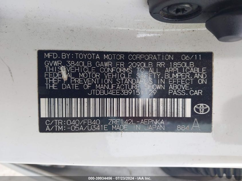 2011 Toyota Corolla Le VIN: JTDBU4EE3B9151129 Lot: 39934456