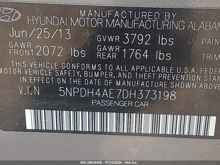 2013 Hyundai Elantra Gls VIN: 5NPDH4AE7DH373198 Lot: 39934459