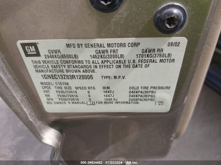 2003 Chevrolet Tahoe Ls VIN: 1GNEC13Z83R128006 Lot: 39934482