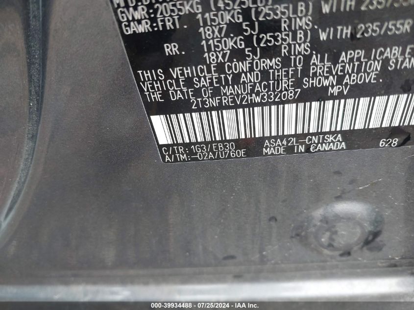 2017 Toyota Rav4 Se VIN: 2T3NFREV2HW332087 Lot: 39934488