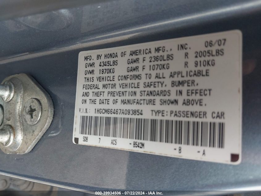 1HGCM66467A093854 | 2007 HONDA ACCORD