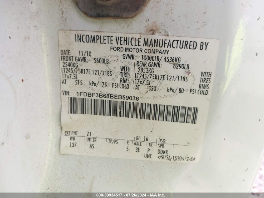 2011 Ford F-350 Xl VIN: 1FDBF3B68BEB59036 Lot: 39934517