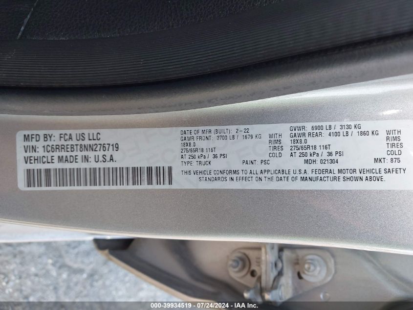 2022 Ram 1500 Lone Star Quad Cab 4X2 6'4 Box VIN: 1C6RREBT8NN276719 Lot: 39934519