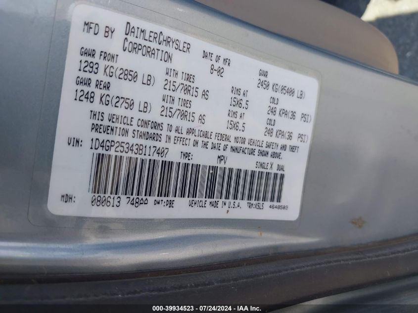 2003 Dodge Caravan Se VIN: 1D4GP25343B117407 Lot: 39934523