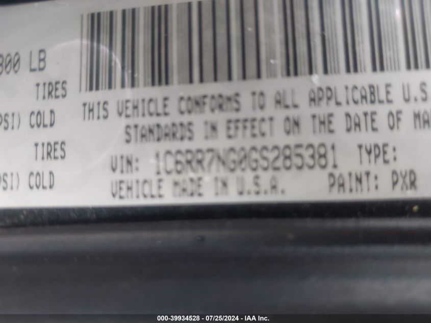 2016 Ram 1500 Laramie VIN: 1C6RR7NG0GS285381 Lot: 39934528