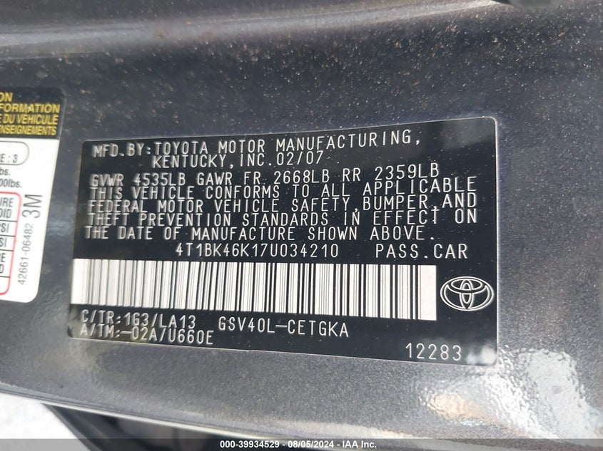 2007 Toyota Camry Xle V6 VIN: 4T1BK46K17U034210 Lot: 39934529