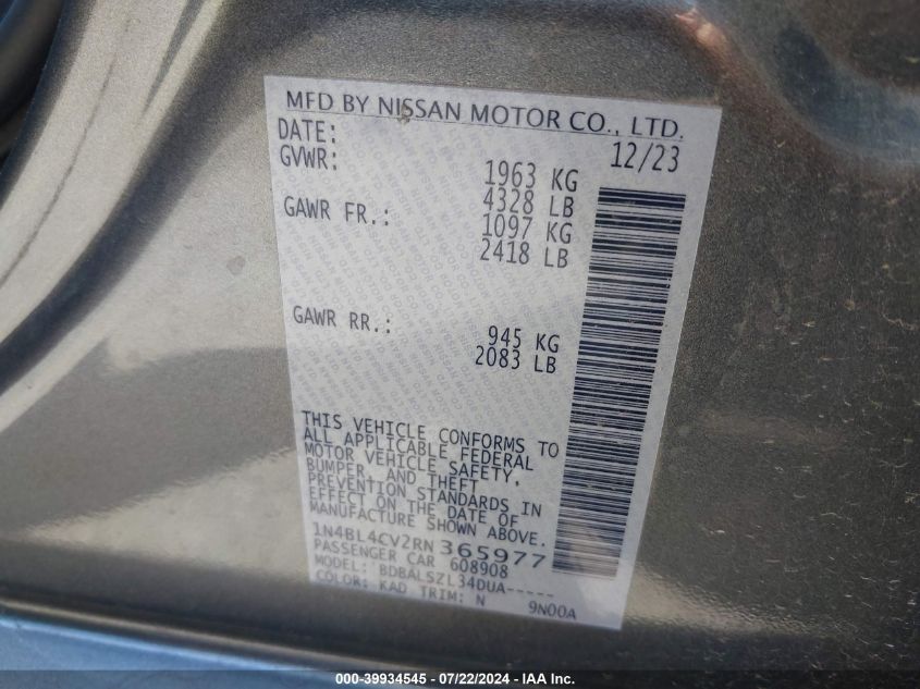 2024 Nissan Altima Sr Fwd VIN: 1N4BL4CV2RN365977 Lot: 39934545