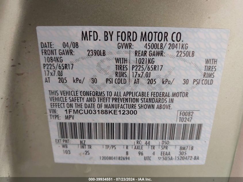 2008 Ford Escape Xlt VIN: 1FMCU03188KE12300 Lot: 39934551