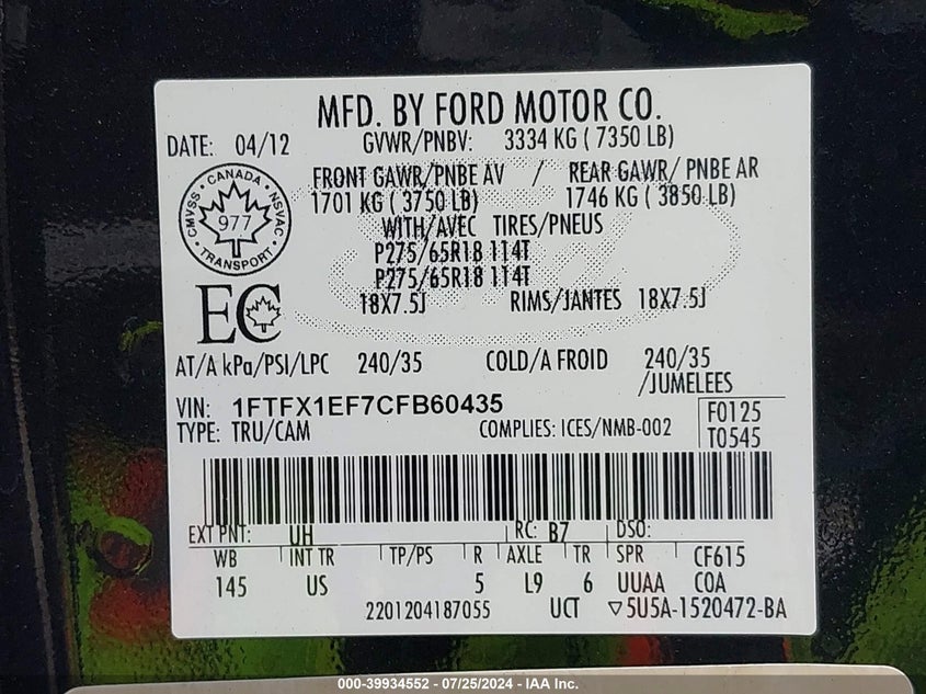 2012 Ford F-150 Xlt VIN: 1FTFX1EF7CFB60435 Lot: 39934552