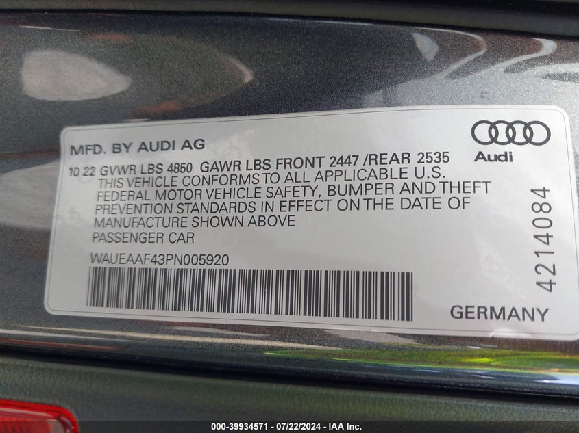 2023 Audi A4 Premium Plus 45 Tfsi S Line Quattro S Tronic VIN: WAUEAAF43PN005920 Lot: 39934571