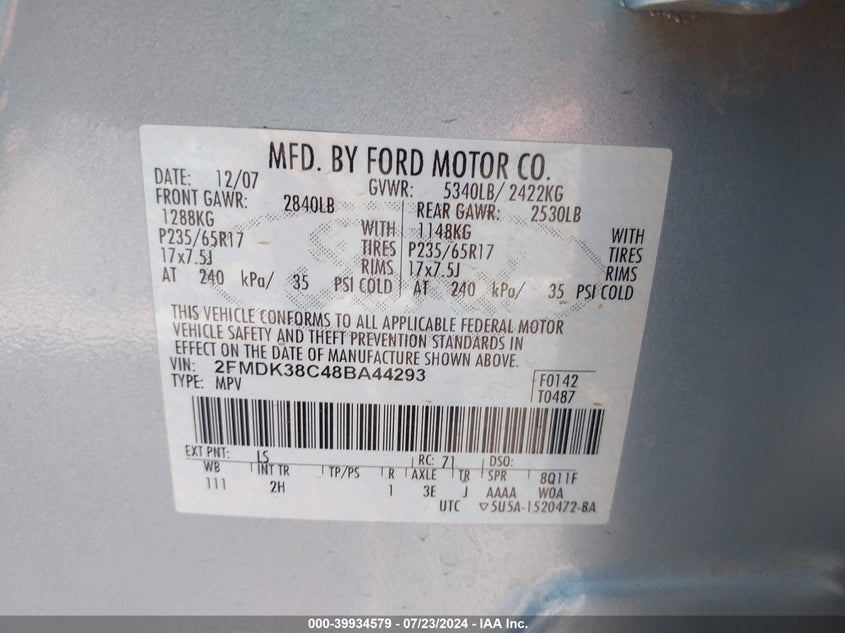 2008 Ford Edge Sel VIN: 2FMDK38C48BA44293 Lot: 39934579