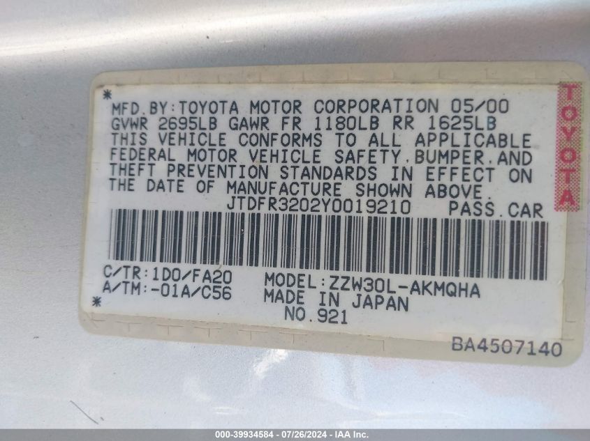 2000 Toyota Mr2 Spyder VIN: JTDFR3202Y0019210 Lot: 39934584