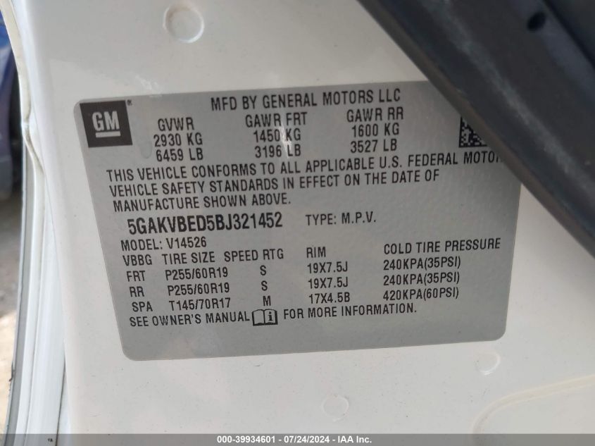 2011 Buick Enclave 1Xl VIN: 5GAKVBED5BJ321452 Lot: 39934601