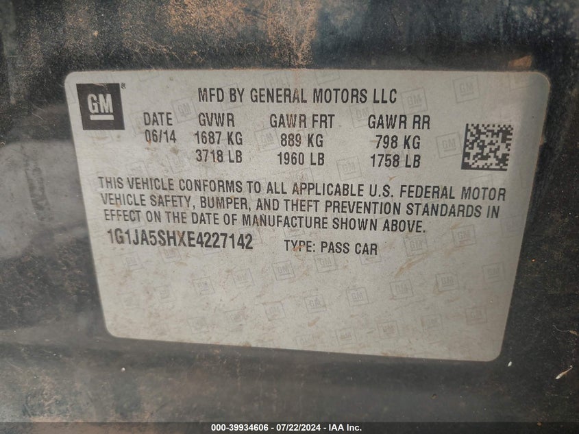 2014 Chevrolet Sonic Ls Auto VIN: 1G1JA5SHXE4227142 Lot: 39934606