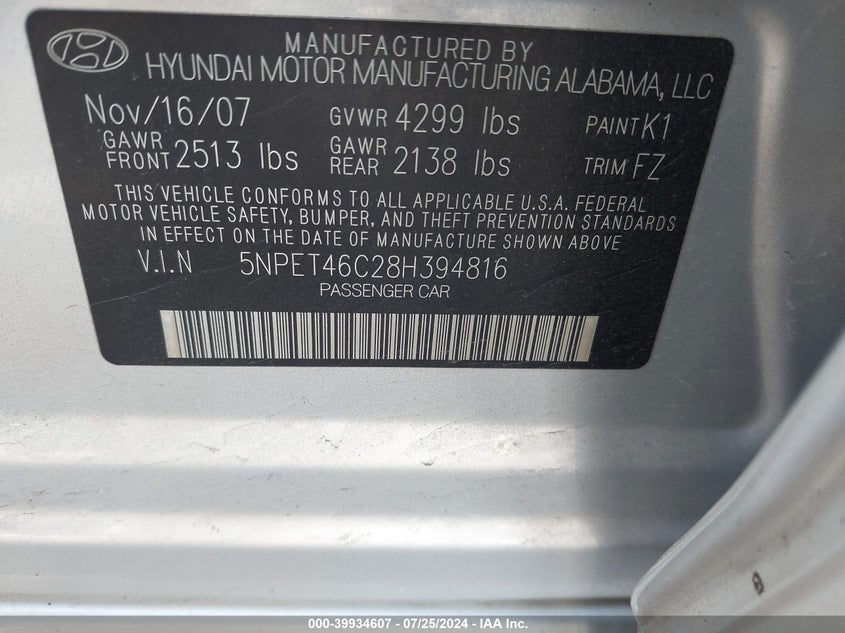 2008 Hyundai Sonata Gls VIN: 5NPET46C28H394816 Lot: 39934607