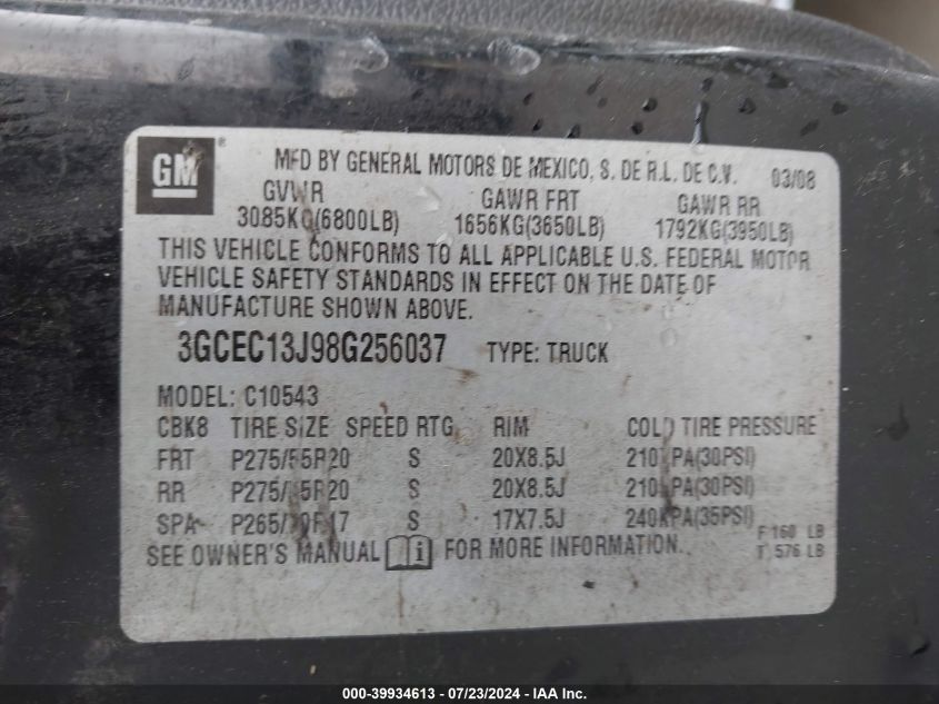2008 Chevrolet Silverado C1500 VIN: 3GCEC13J98G256037 Lot: 39934613