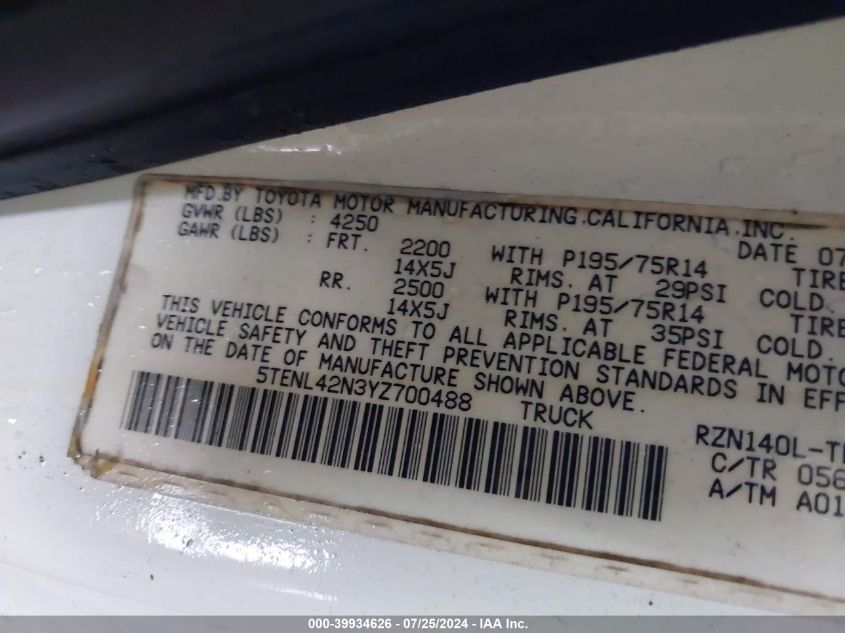 2000 Toyota Tacoma VIN: 5TENL42N3YZ700488 Lot: 39934626