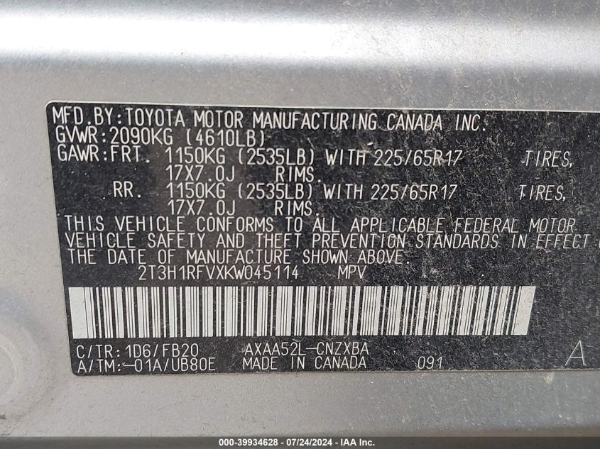 2019 Toyota Rav4 Le VIN: 2T3H1RFVXKW045114 Lot: 39934628