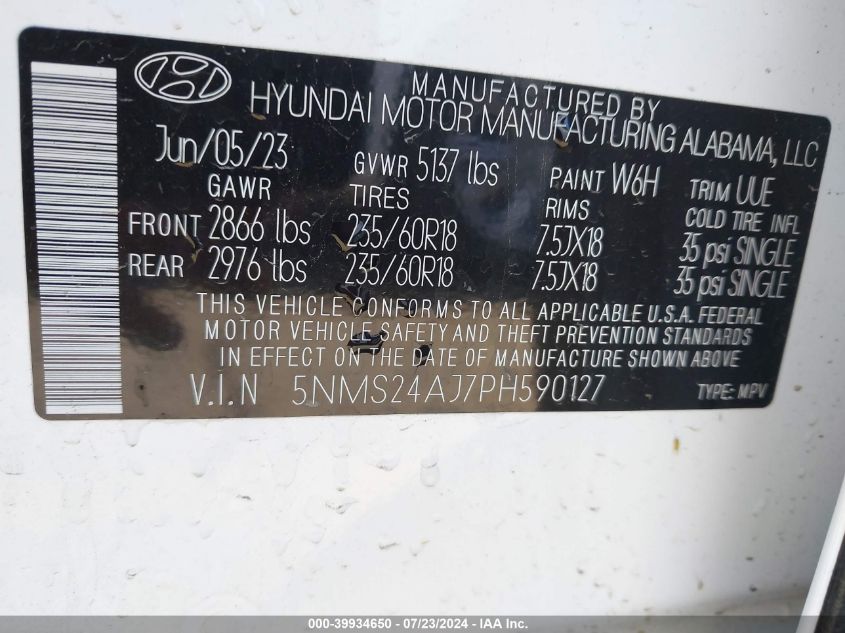 2023 Hyundai Santa Fe Sel VIN: 5NMS24AJ7PH590127 Lot: 39934650