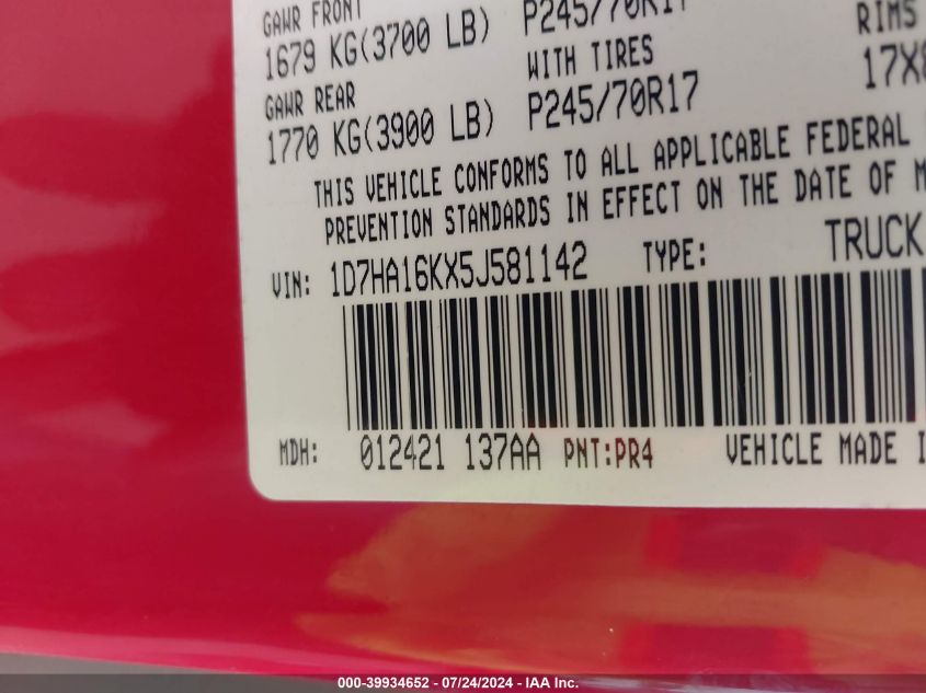 2005 Dodge Ram 1500 St VIN: 1D7HA16KX5J581142 Lot: 39934652