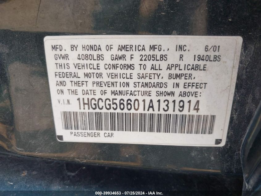 2001 Honda Accord 2.3 Ex VIN: 1HGCG56601A131914 Lot: 39934653