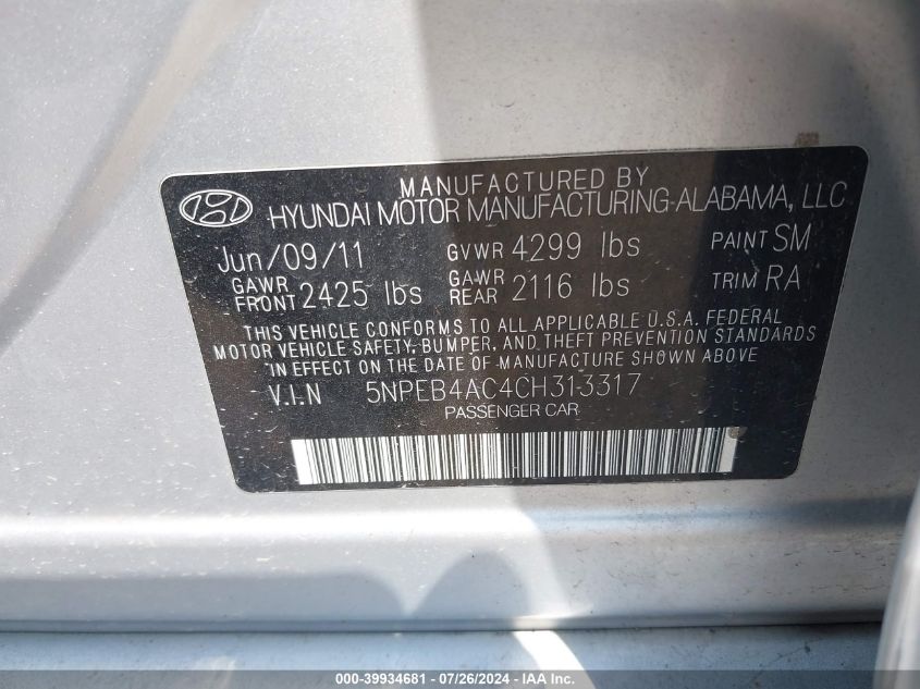 2012 Hyundai Sonata Gls VIN: 5NPEB4AC4CH313317 Lot: 39934681