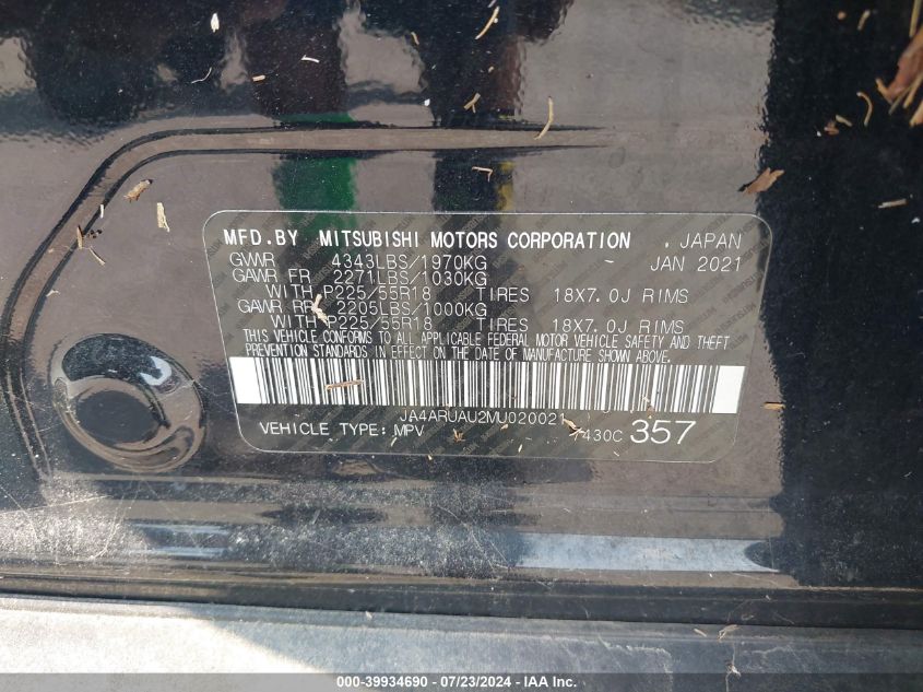 2021 Mitsubishi Outlander Sport Es/Se/Le/Be VIN: JA4ARUAU2MU020021 Lot: 39934690