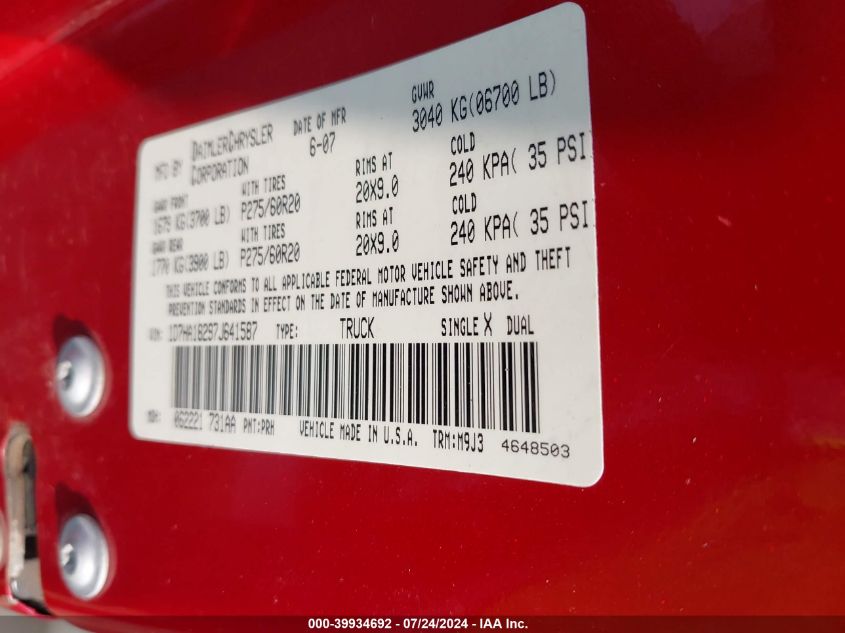 2007 Dodge Ram 1500 Slt VIN: 1D7HA18297J641587 Lot: 39934692