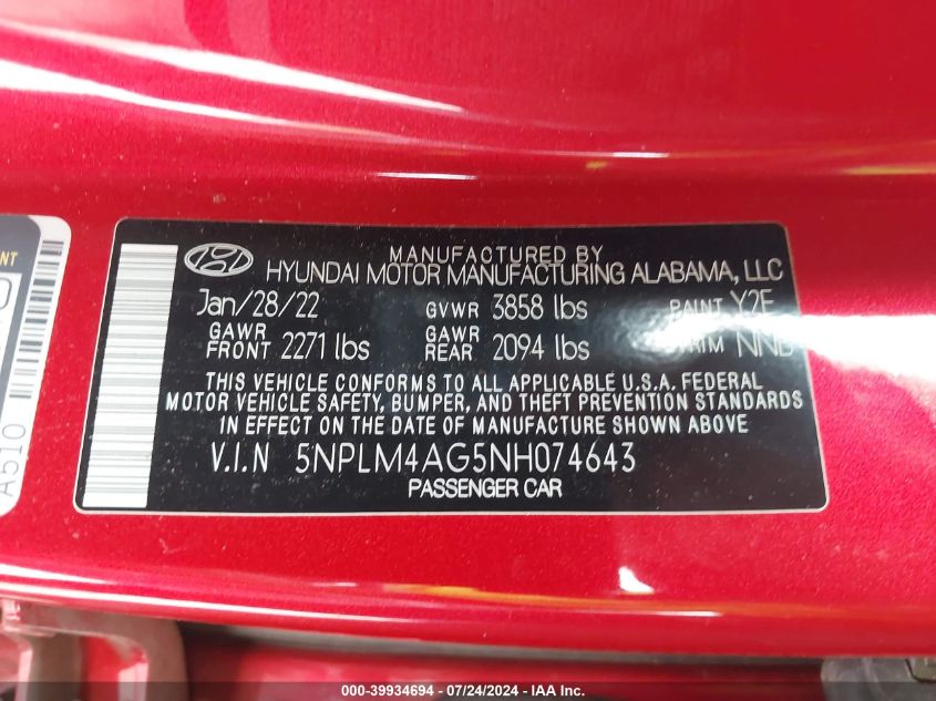 2022 Hyundai Elantra Sel VIN: 5NPLM4AG5NH074643 Lot: 39934694