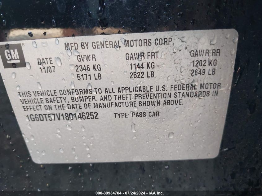 2008 Cadillac Cts Hi Feature V6 VIN: 1G6DT57V180146252 Lot: 39934704