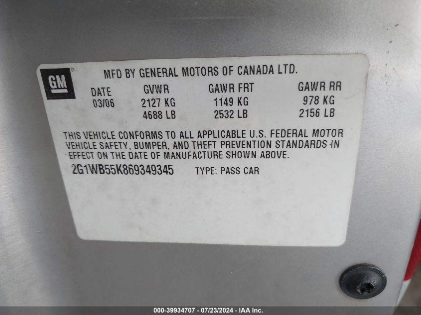 2006 Chevrolet Impala Ls VIN: 2G1WB55K869349345 Lot: 39934707