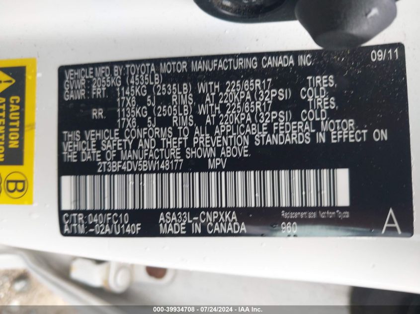 2011 Toyota Rav4 VIN: 2T3BF4DV5BW148177 Lot: 39934708