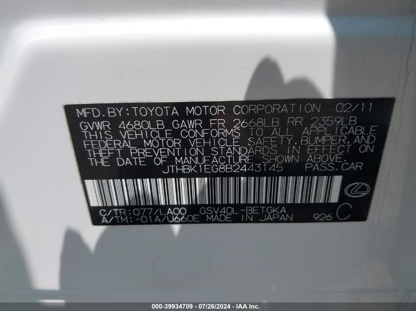 2011 Lexus Es 350 350 VIN: JTHBK1EG8B2443145 Lot: 39934709