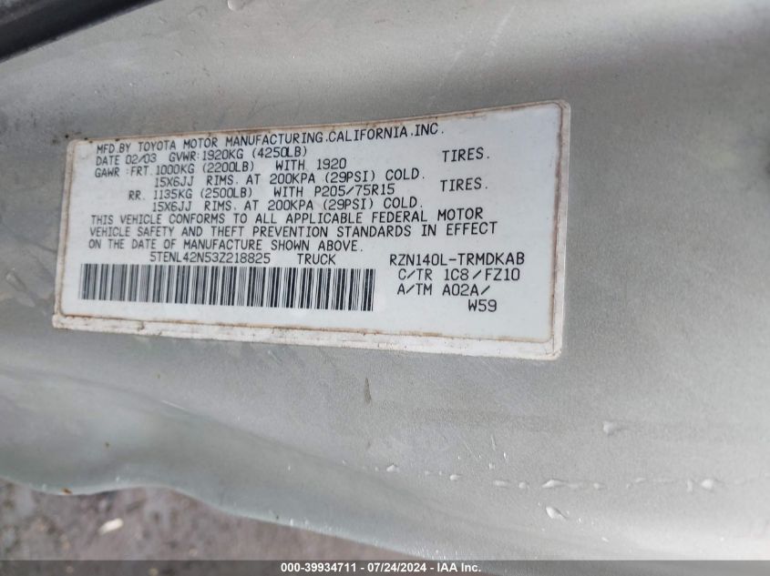 2003 Toyota Tacoma VIN: 5TENL42N53Z218825 Lot: 39934711