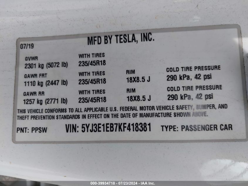 2019 TESLA MODEL 3 LONG RANGE/PERFORMANCE - 5YJ3E1EB7KF418381