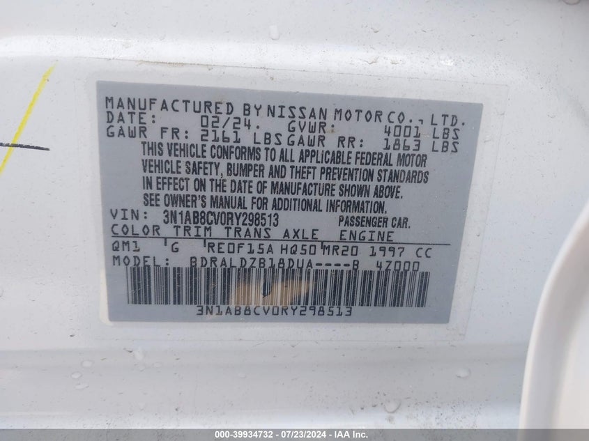 2024 Nissan Sentra Sv Xtronic Cvt VIN: 3N1AB8CV0RY298513 Lot: 39934732