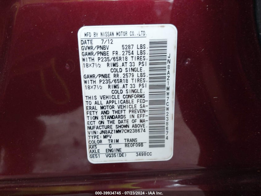 2012 Nissan Murano S/Sl/Le VIN: JN8AZ1MW7CW238674 Lot: 39934745