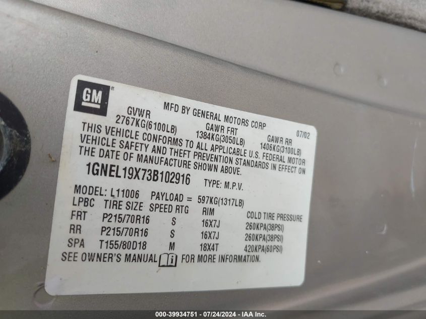 2003 Chevrolet Astro VIN: 1GNEL19X73B102916 Lot: 39934751