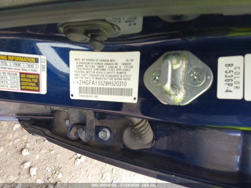 2008 Honda Civic Lx VIN: 2HGFA15528H520310 Lot: 39934755