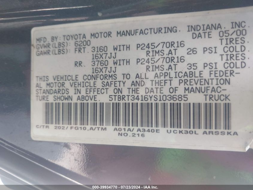 2000 Toyota Tundra Sr5 V8 VIN: 5TBRT3416YS103685 Lot: 39934770