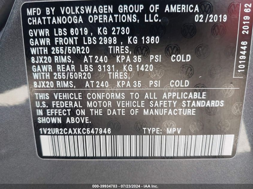 2019 Volkswagen Atlas 3.6L V6 Se W/Technology VIN: 1V2UR2CAXKC547946 Lot: 43441209