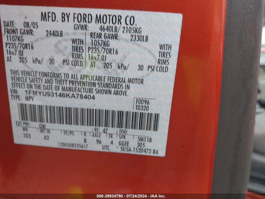 2006 Ford Escape Xlt/Xlt Sport VIN: 1FMYU93146KA78404 Lot: 39934790