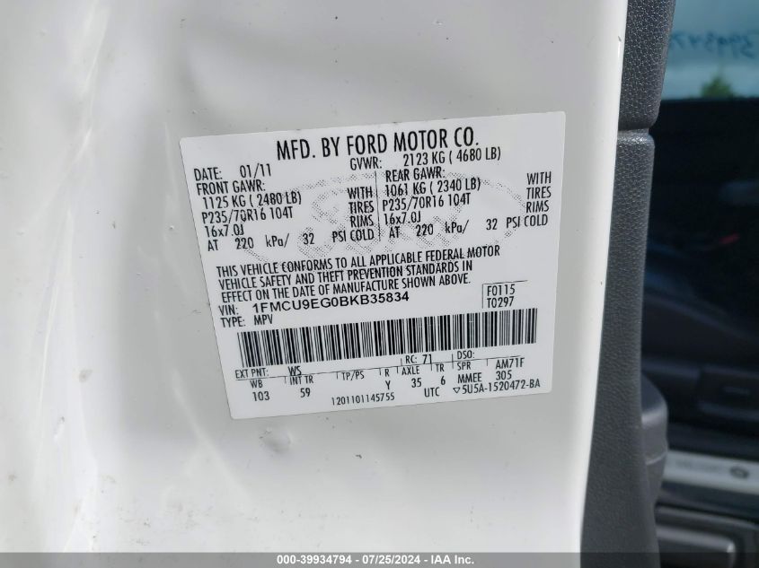 2011 Ford Escape Limited VIN: 1FMCU9EG0BKB35834 Lot: 39934794