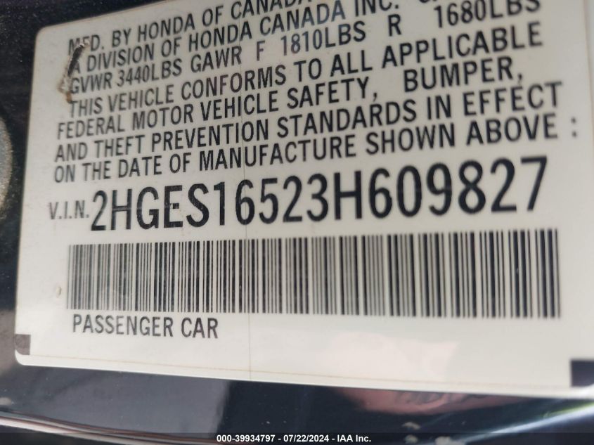 2003 Honda Civic Lx VIN: 2HGES16523H609827 Lot: 39934797